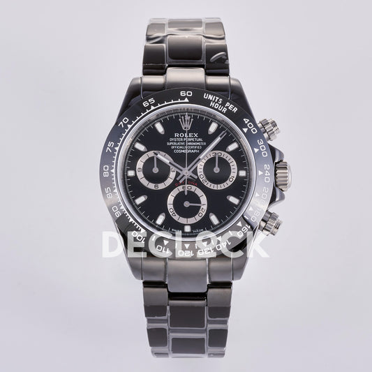 Rolex Daytona ADGF replica - front view of black dial, silver counter rings, red DAYTONA lettering, black tachymeter bezel with white printing and black ceramic bracelet