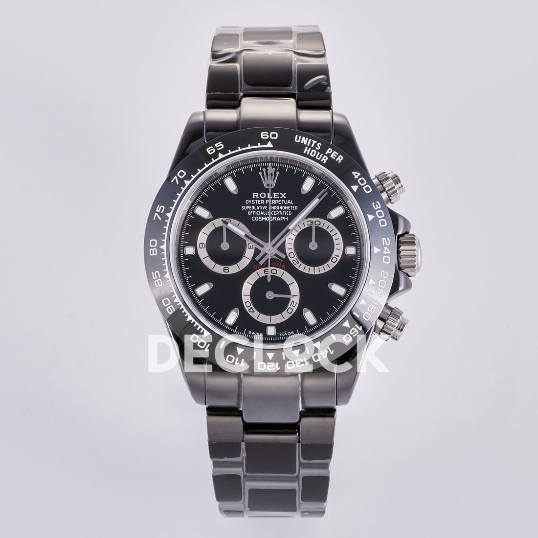 Rolex Daytona ADGF replica - front view of black dial, silver counter rings, red DAYTONA lettering, black tachymeter bezel with white printing and black ceramic bracelet Custom