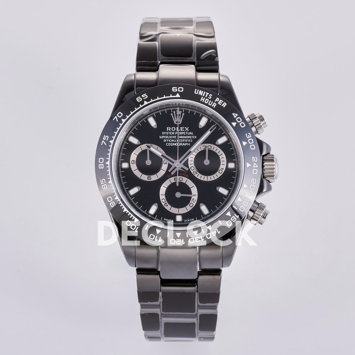 Rolex Daytona ADGF replica - front view of black dial, silver counter rings, red DAYTONA lettering, black tachymeter bezel with white printing and black ceramic bracelet