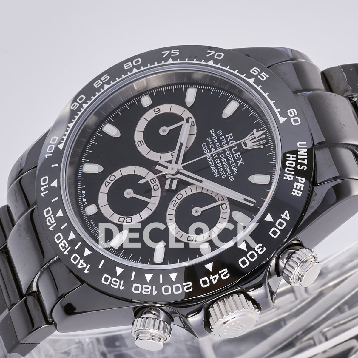 Rolex Daytona ADGF replica - angled view of black dial, silver counter rings, luminous markers and black ceramic bezel with white tachymeter printing