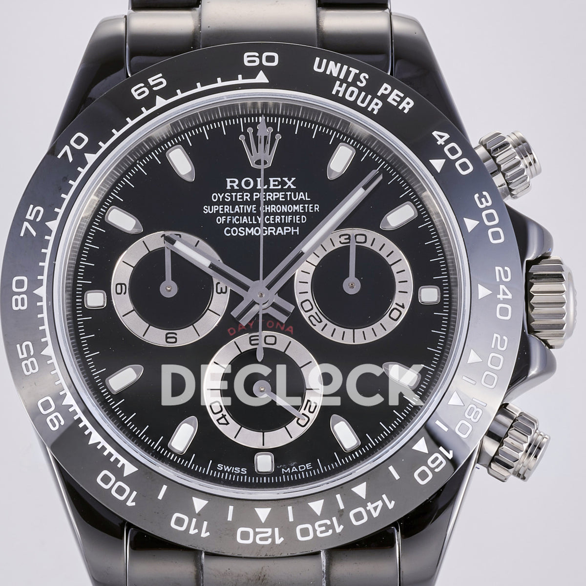 Rolex Daytona ADGF replica - original black dial, silver chronograph rings and hands, luminous markers, white Rolex printing, red Daytona text and black ceramic tachymeter bezel with white numerals