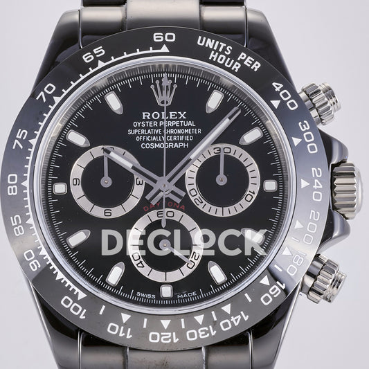Rolex Daytona ADGF replica - original black dial, silver chronograph rings and hands, luminous markers, white Rolex printing, red Daytona text and black ceramic tachymeter bezel with white numerals