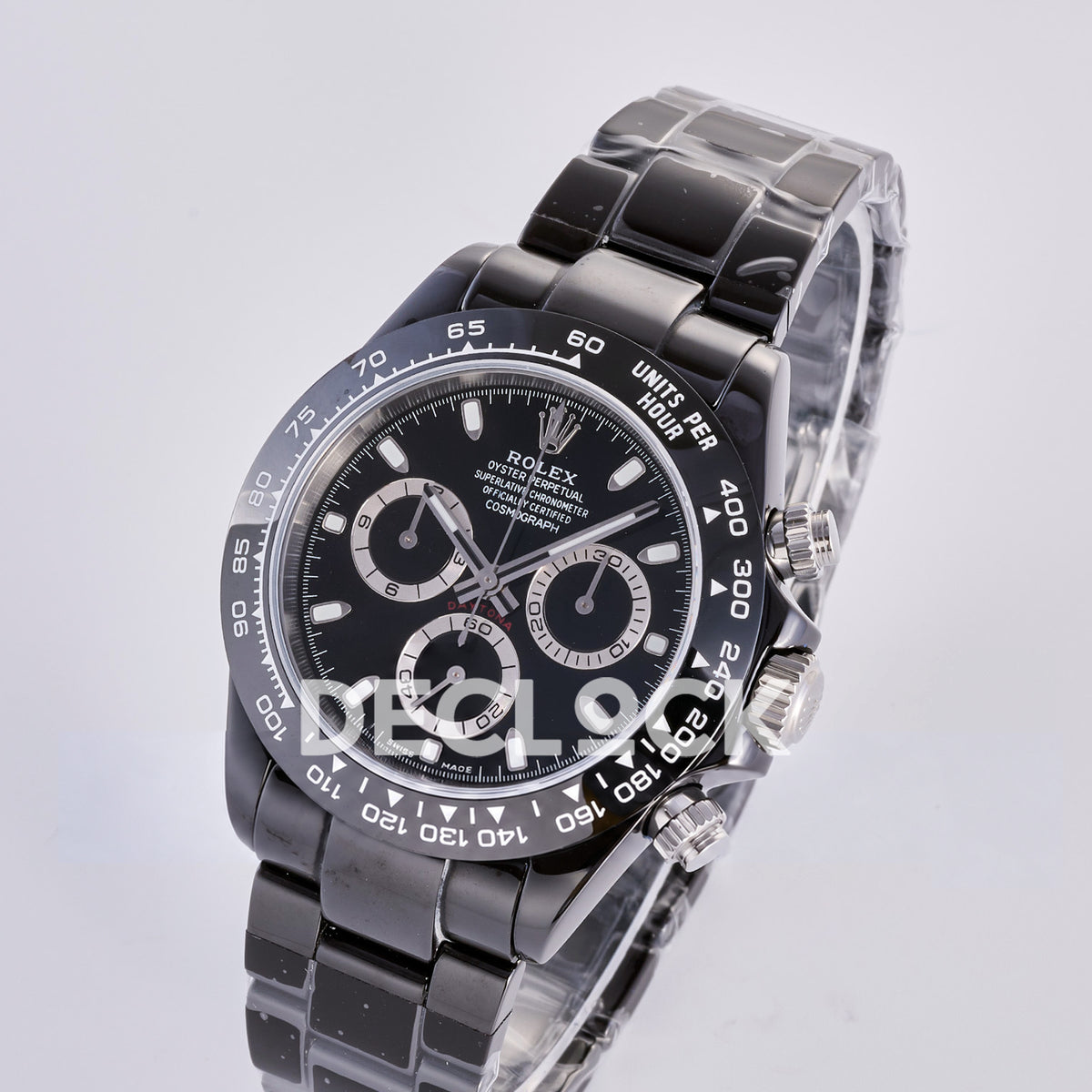 Rolex Daytona ADGF replica - original black dial, silver chronograph rings and hands, luminous markers, white Rolex printing, red Daytona text and black ceramic tachymeter bezel with white numerals