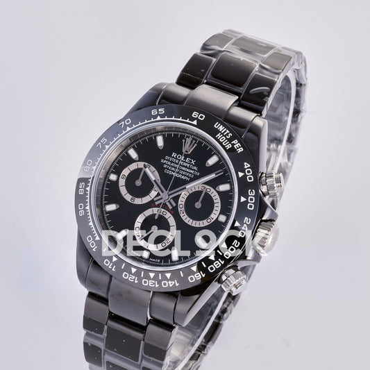 Rolex Daytona ADGF replica - original black dial, silver chronograph rings and hands, luminous markers, white Rolex printing, red Daytona text and black ceramic tachymeter bezel with white numerals