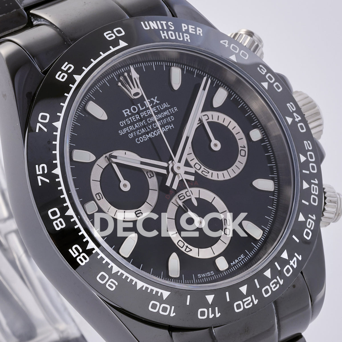 Rolex Daytona ADGF replica - original black dial, silver chronograph rings and hands, luminous markers, white Rolex printing, red Daytona text and black ceramic tachymeter bezel with white numerals