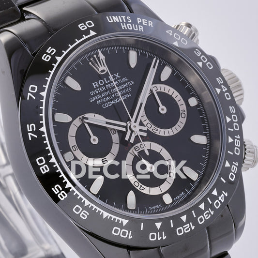 Rolex Daytona ADGF replica - original black dial, silver chronograph rings and hands, luminous markers, white Rolex printing, red Daytona text and black ceramic tachymeter bezel with white numerals