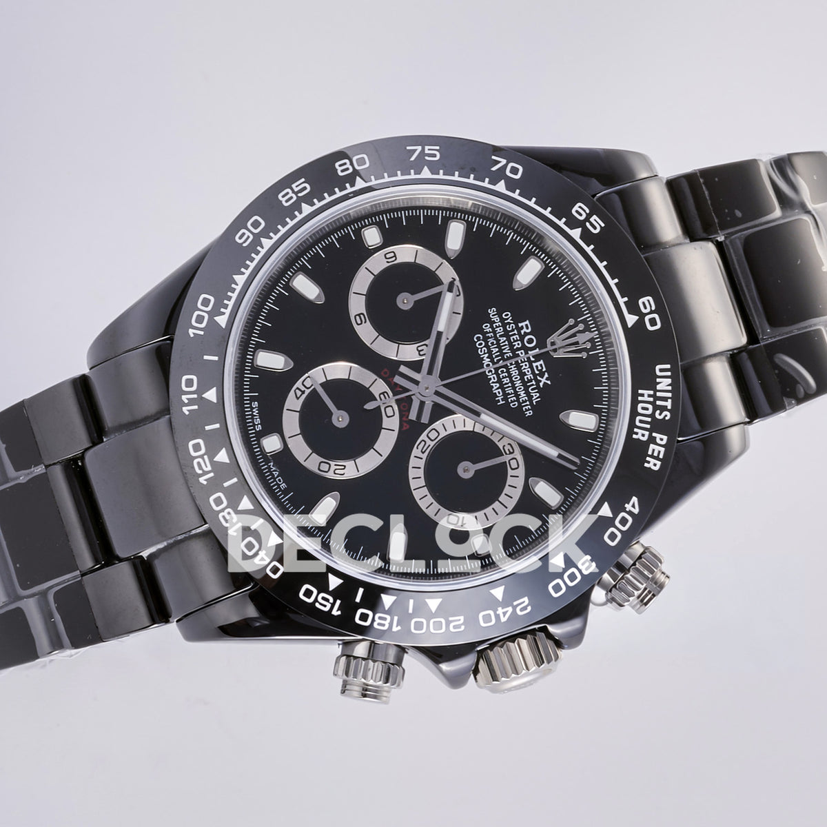 Rolex Daytona ADGF replica - original black dial, silver chronograph rings and hands, luminous markers, white Rolex printing, red Daytona text and black ceramic tachymeter bezel with white numerals
