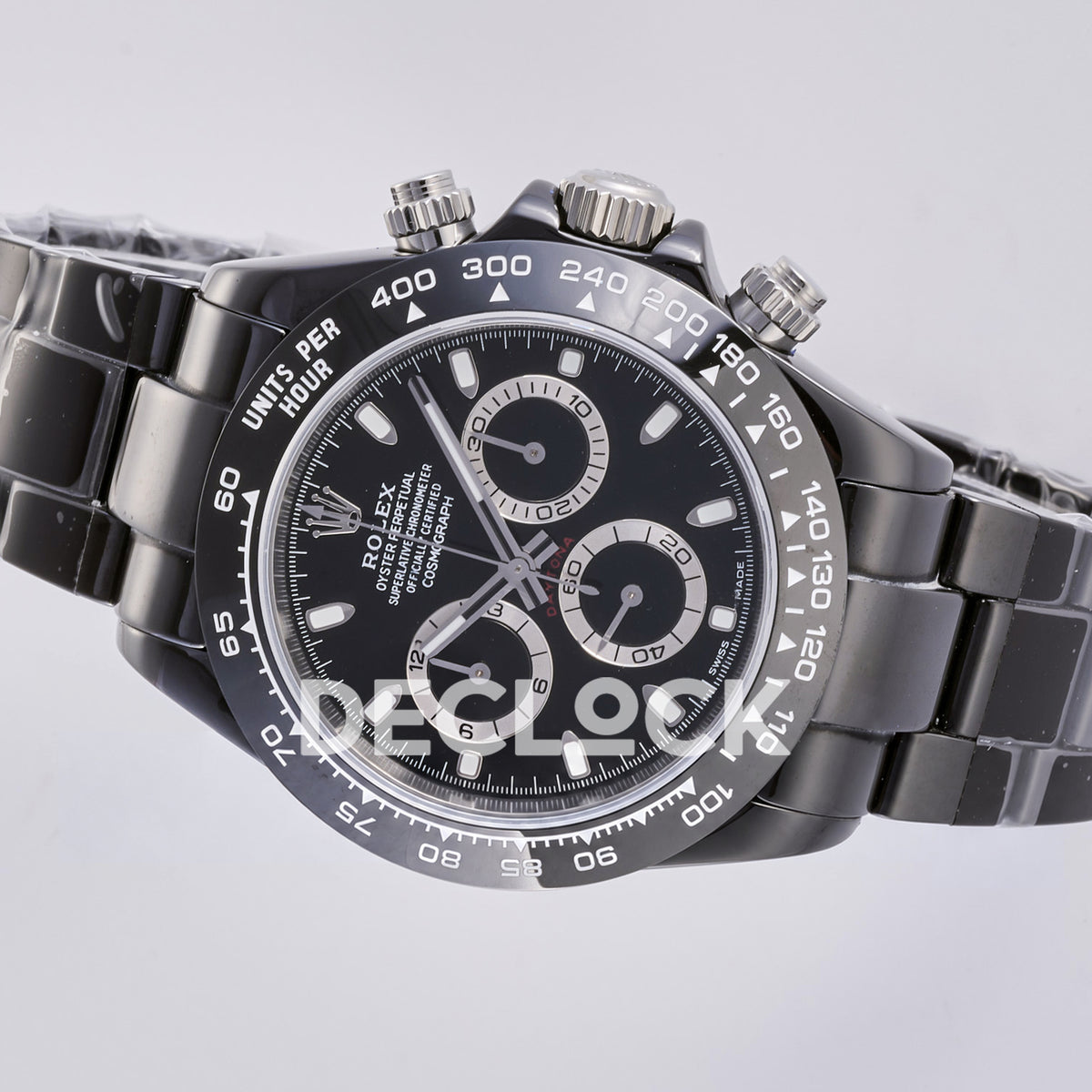 Rolex Daytona ADGF replica - original black dial, silver chronograph rings and hands, luminous markers, white Rolex printing, red Daytona text and black ceramic tachymeter bezel with white numerals