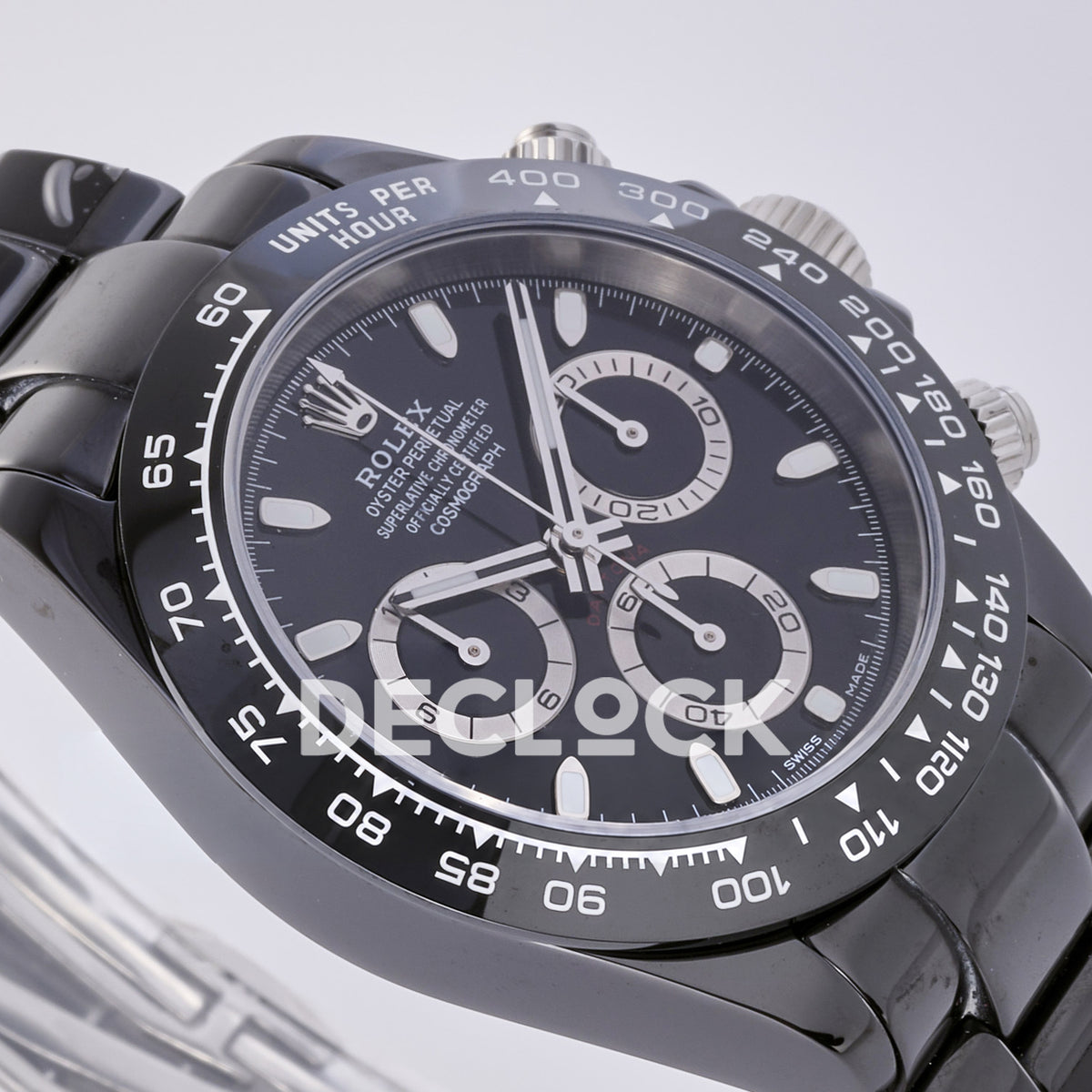 Rolex Daytona ADGF replica - original black dial, silver chronograph rings and hands, luminous markers, white Rolex printing, red Daytona text and black ceramic tachymeter bezel with white numerals