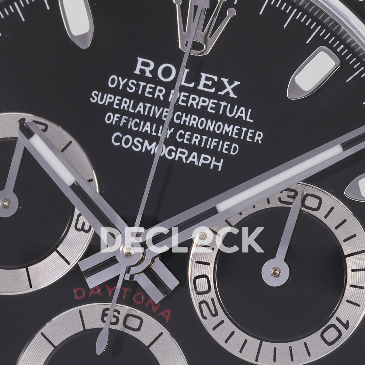 Rolex Daytona ADGF replica - original black dial, silver chronograph rings and hands, luminous markers, white Rolex printing, red Daytona text and black ceramic tachymeter bezel with white numerals