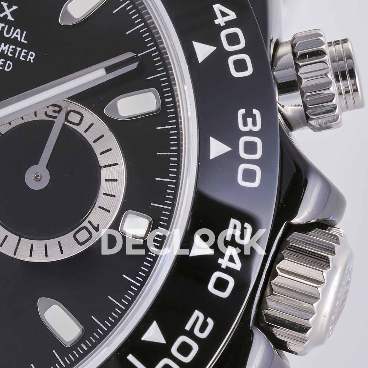 Rolex Daytona ADGF replica - original black dial, silver chronograph rings and hands, luminous markers, white Rolex printing, red Daytona text and black ceramic tachymeter bezel with white numerals