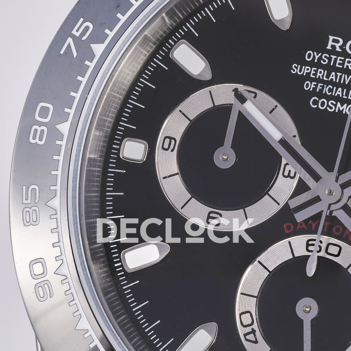 Rolex Daytona ADGF replica - original black dial, silver chronograph rings and hands, luminous markers, white Rolex printing, red Daytona text and black ceramic tachymeter bezel with white numerals