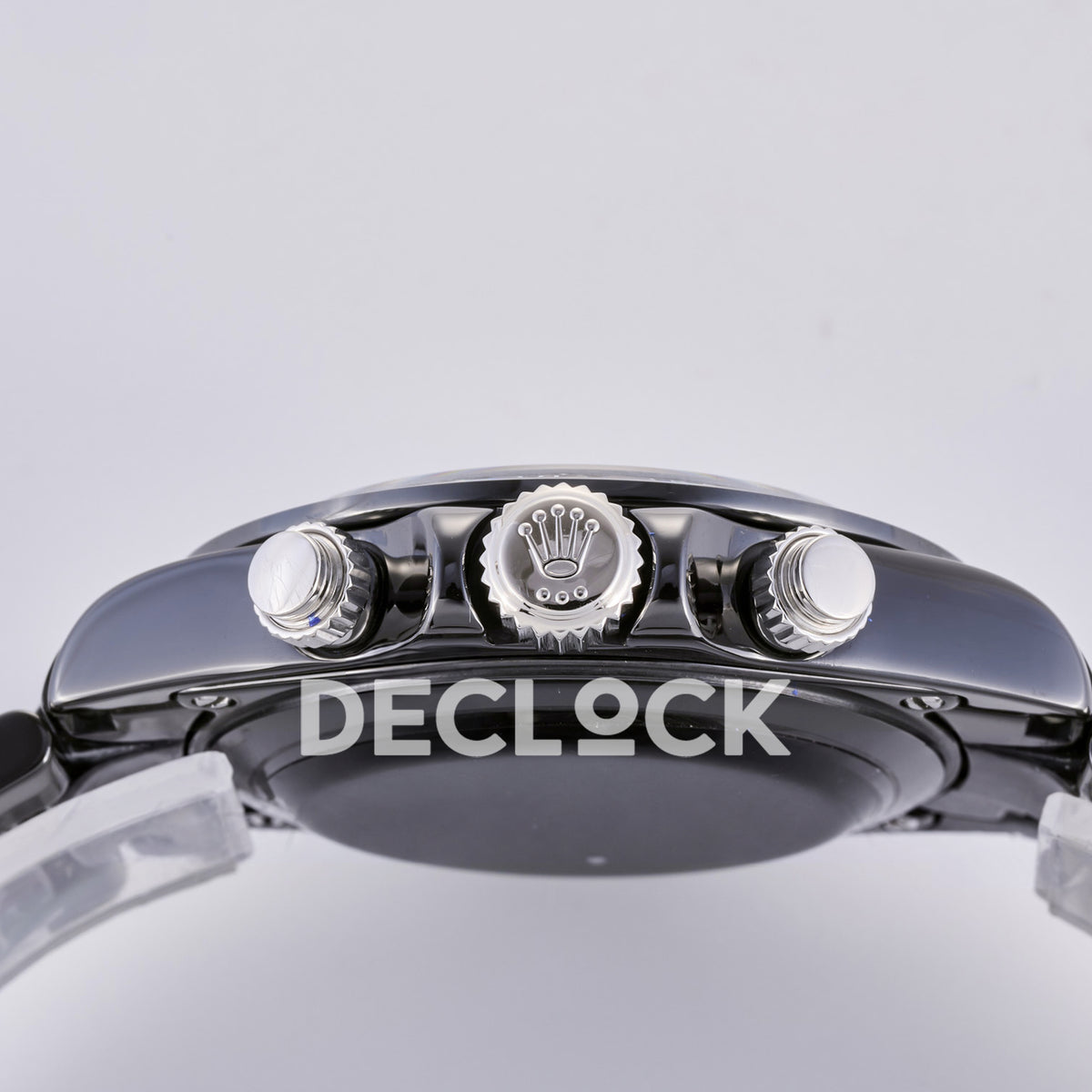 Rolex Daytona ADGF replica - original silver Rolex crown and chronograph pushers on black ceramic case