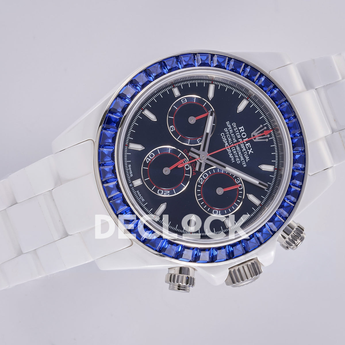Rolex Daytona ADGF replica - angled navy dial with thin silver outlines, red inner counter tracks, blue bezel and white ceramic bracelet