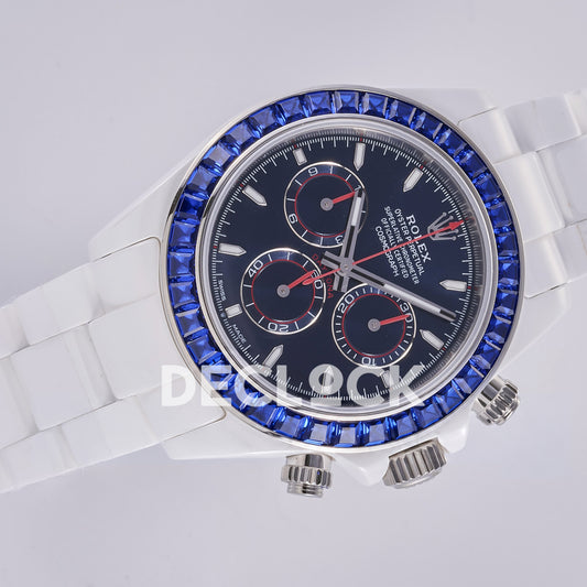 Rolex Daytona ADGF replica - angled navy dial with thin silver outlines, red inner counter tracks, blue bezel and white ceramic bracelet