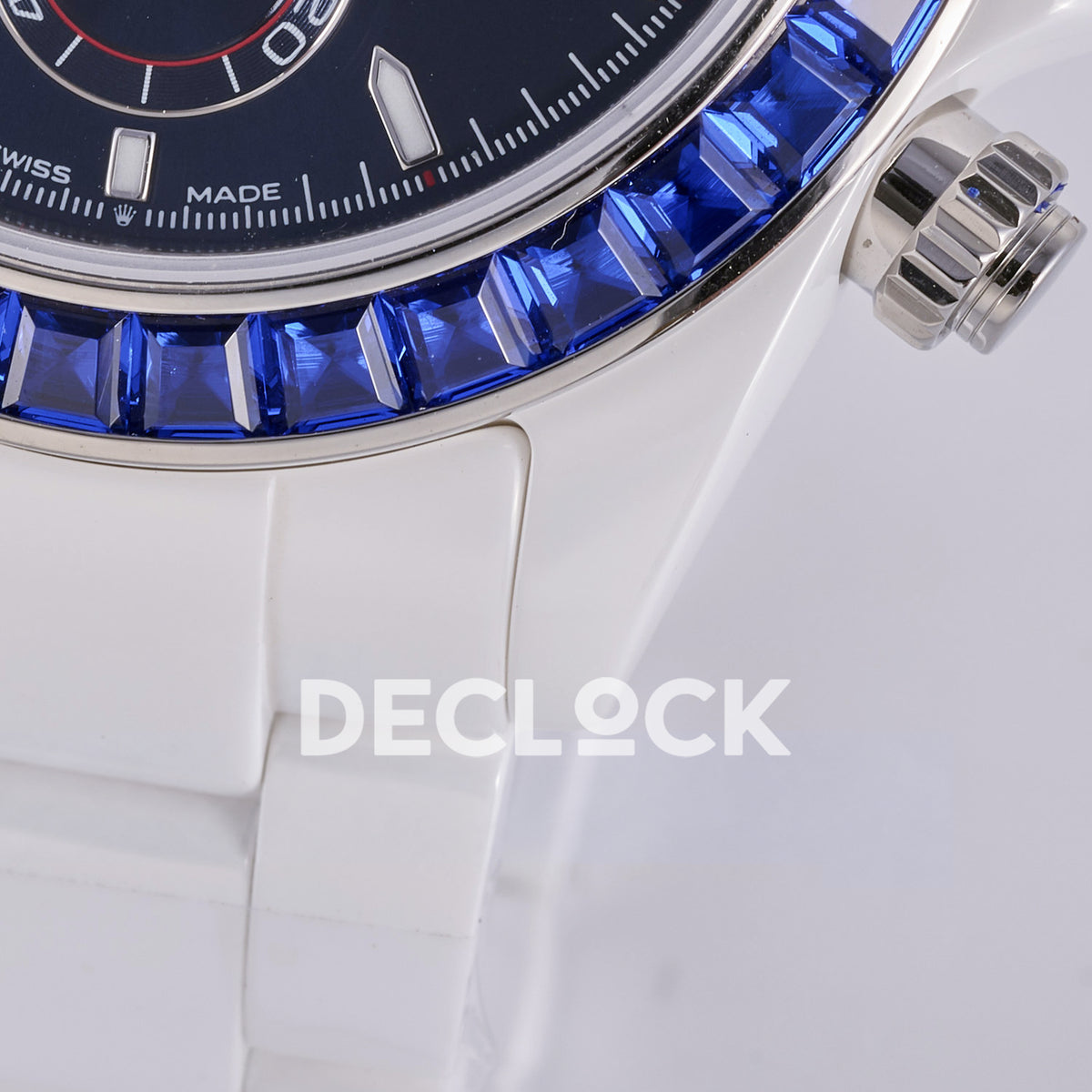 Rolex Daytona ADGF replica - blue gem-set bezel, white ceramic lower lugs and bracelet detail