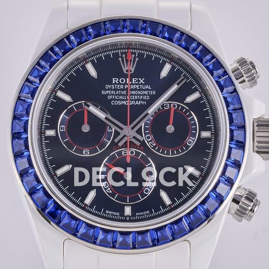 Rolex Daytona ADGF replica - original dark navy AET Remould dial, thin silver counter outlines, red chronograph tracks and hands, blue faceted gem bezel and white ceramic case
