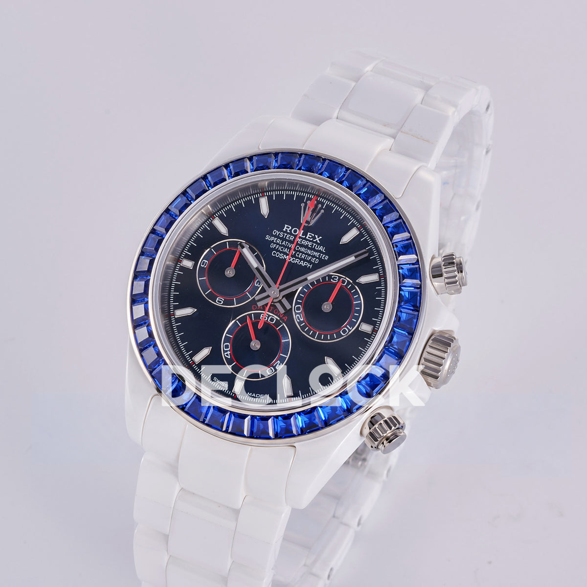 Rolex Daytona ADGF replica - original dark navy AET Remould dial, thin silver counter outlines, red chronograph tracks and hands, blue faceted gem bezel and white ceramic case