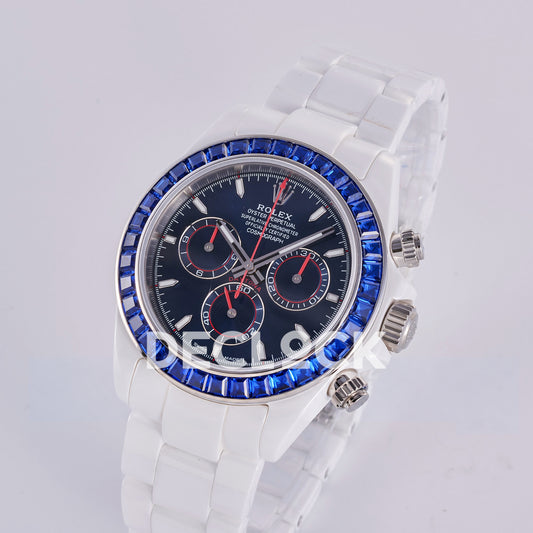 Rolex Daytona ADGF replica - original dark navy AET Remould dial, thin silver counter outlines, red chronograph tracks and hands, blue faceted gem bezel and white ceramic case
