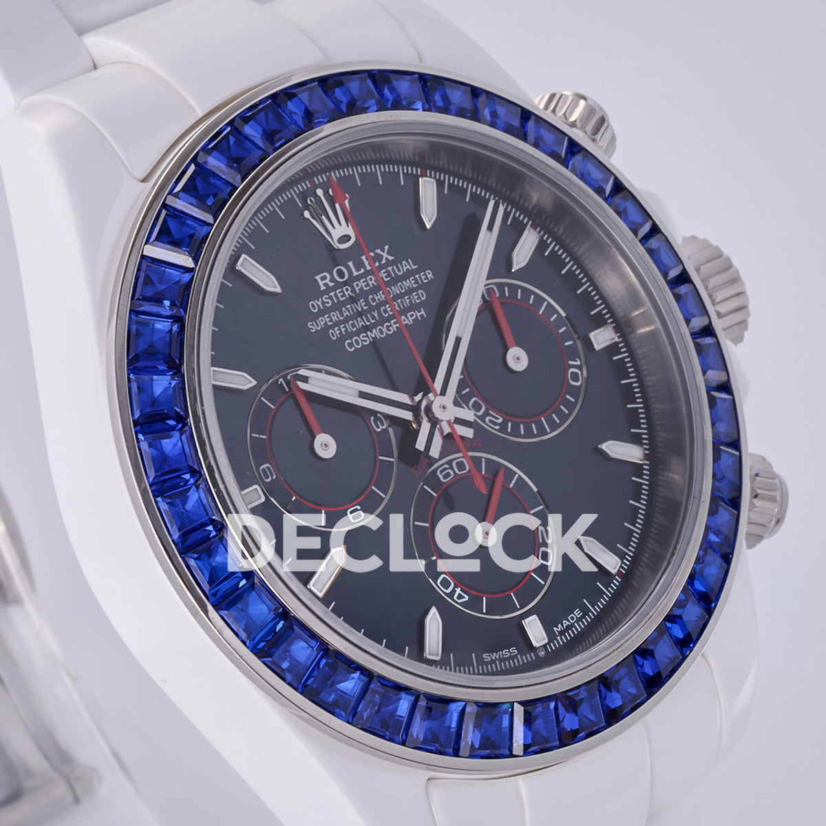 Rolex Daytona ADGF replica - original dark navy AET Remould dial, thin silver counter outlines, red chronograph tracks and hands, blue faceted gem bezel and white ceramic case