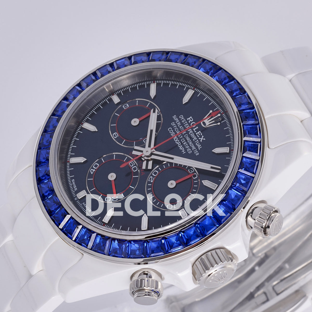 Rolex Daytona ADGF replica - original dark navy AET Remould dial, thin silver counter outlines, red chronograph tracks and hands, blue faceted gem bezel and white ceramic case