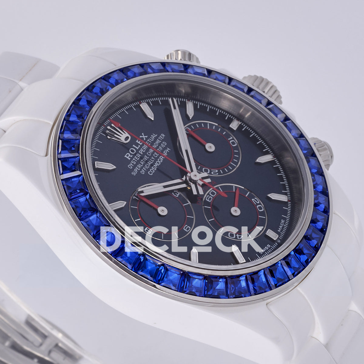 Rolex Daytona ADGF replica - original dark navy AET Remould dial, thin silver counter outlines, red chronograph tracks and hands, blue faceted gem bezel and white ceramic case