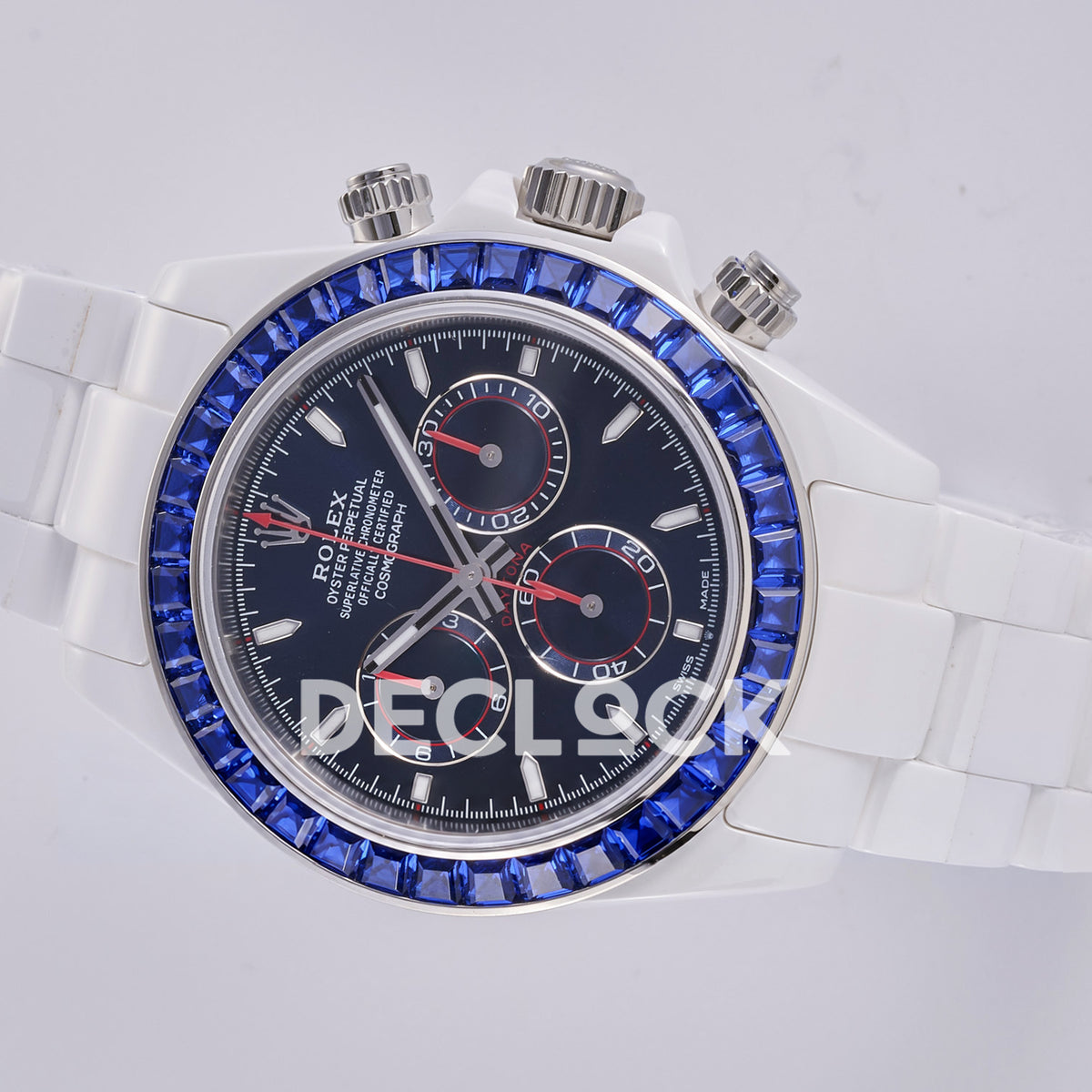 Rolex Daytona ADGF replica - original dark navy AET Remould dial, thin silver counter outlines, red chronograph tracks and hands, blue faceted gem bezel and white ceramic case