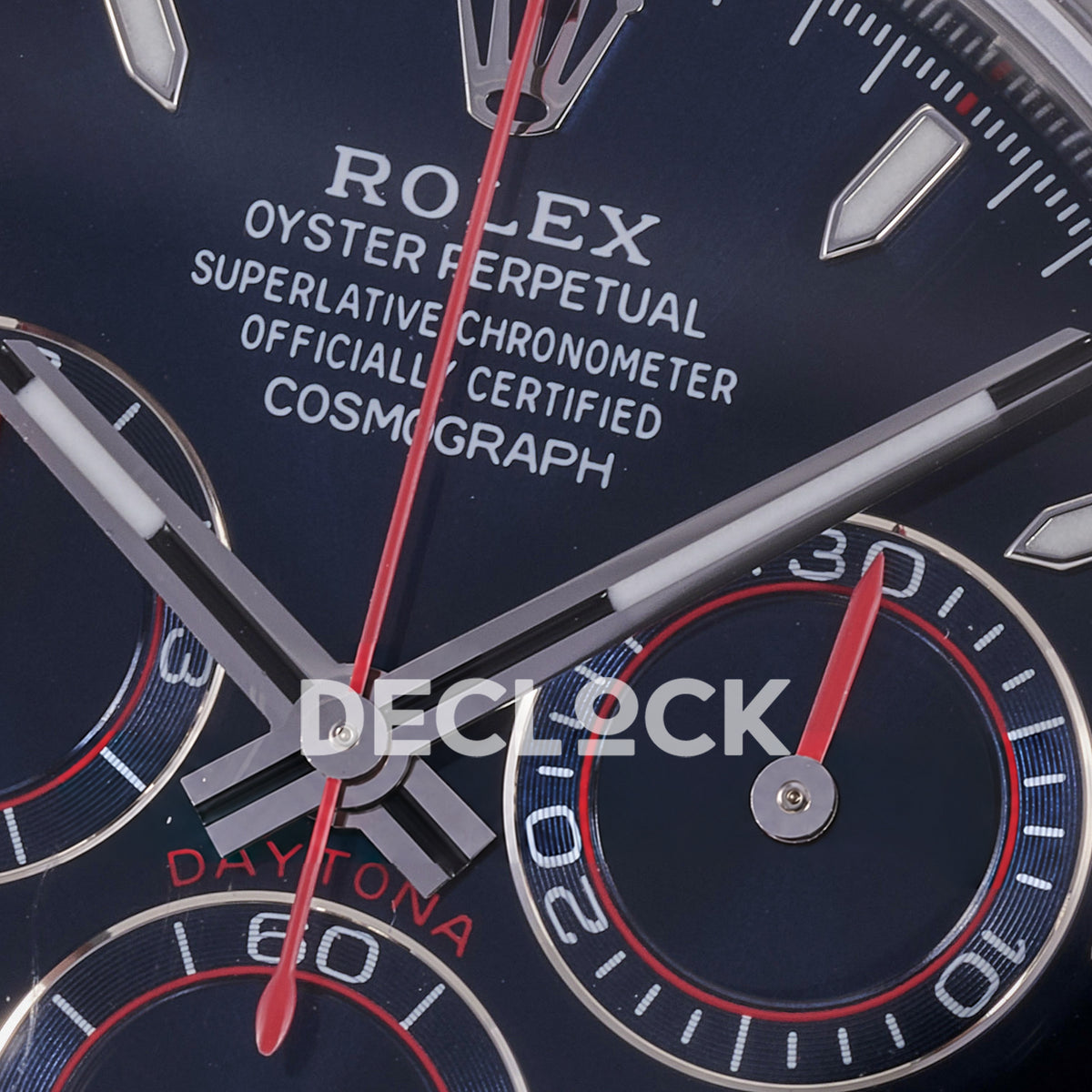 Rolex Daytona ADGF replica - original dark navy AET Remould dial, thin silver counter outlines, red chronograph tracks and hands, blue faceted gem bezel and white ceramic case