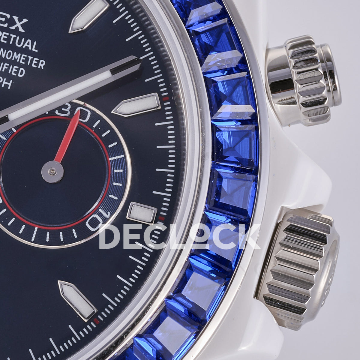 Rolex Daytona ADGF replica - original dark navy AET Remould dial, thin silver counter outlines, red chronograph tracks and hands, blue faceted gem bezel and white ceramic case