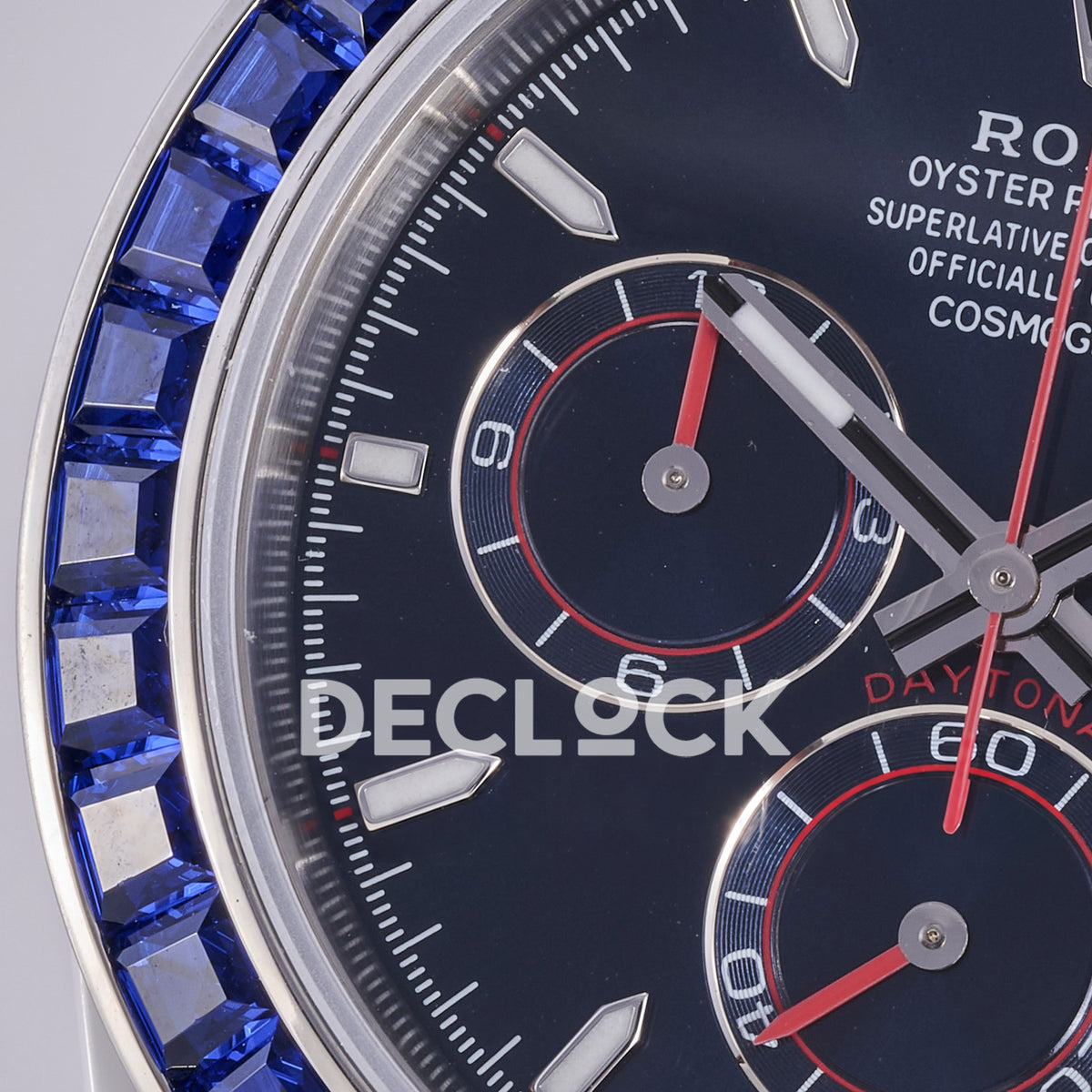 Rolex Daytona ADGF replica - original dark navy AET Remould dial, thin silver counter outlines, red chronograph tracks and hands, blue faceted gem bezel and white ceramic case