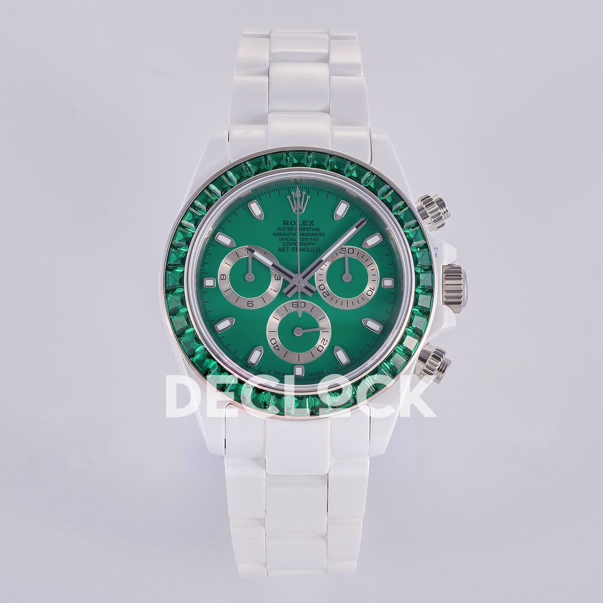 Rolex Daytona AET ADGF replica - front view of green AET dial, silver chronograph rings, green gem-set bezel and white ceramic bracelet
