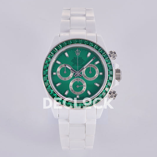 Rolex Daytona AET ADGF replica - front view of green AET dial, silver chronograph rings, green gem-set bezel and white ceramic bracelet
