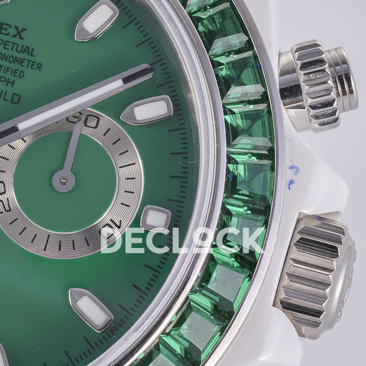 Rolex Daytona AET ADGF replica - white luminous dial marker, green faceted bezel, winding crown and pushers close-up