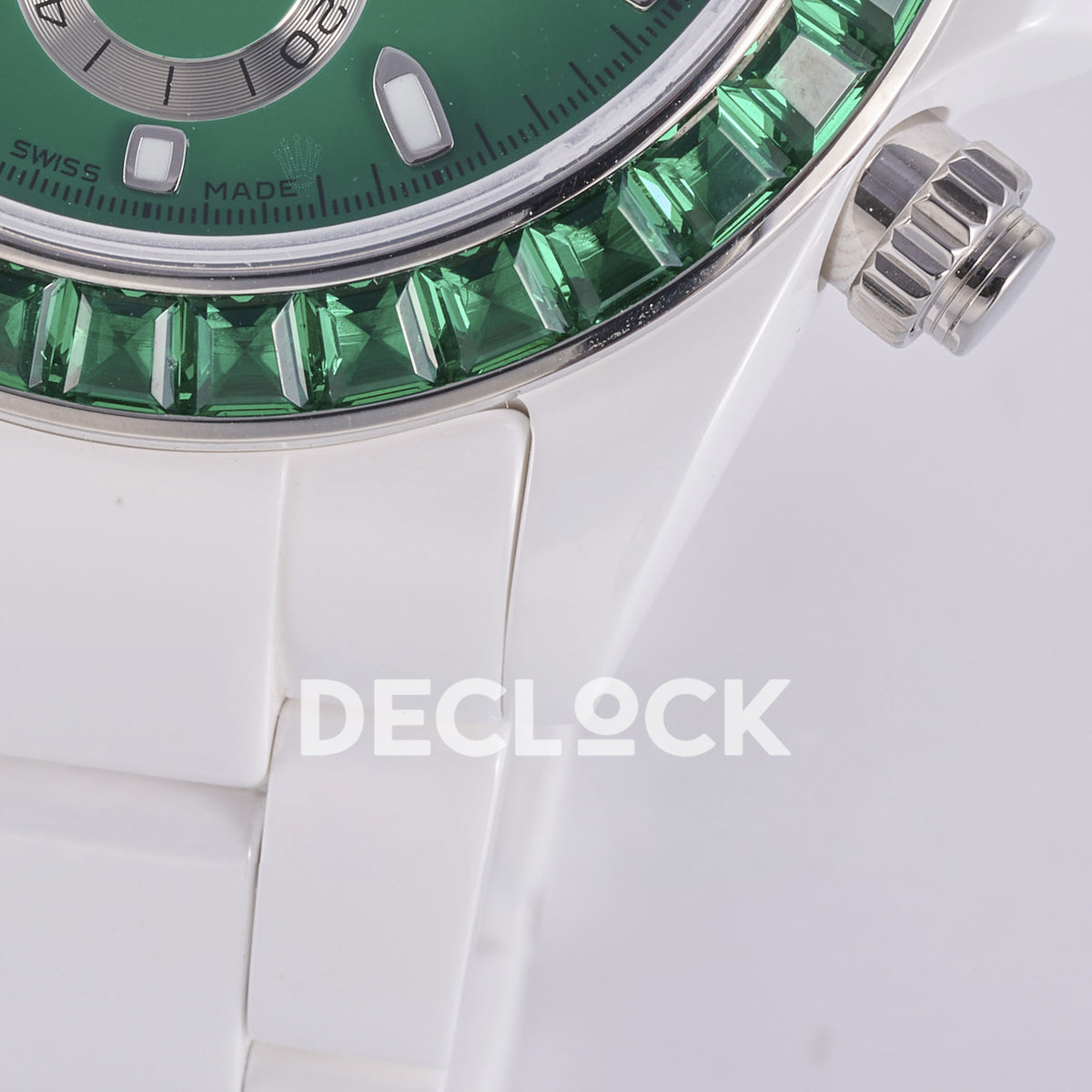 Rolex Daytona AET ADGF replica - green gem-set bezel, white ceramic lower lugs and bracelet detail