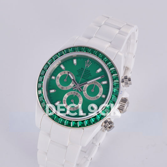Rolex Daytona AET ADGF replica - original green AET Remould dial, silver chronograph rings, green gem bezel and white ceramic case