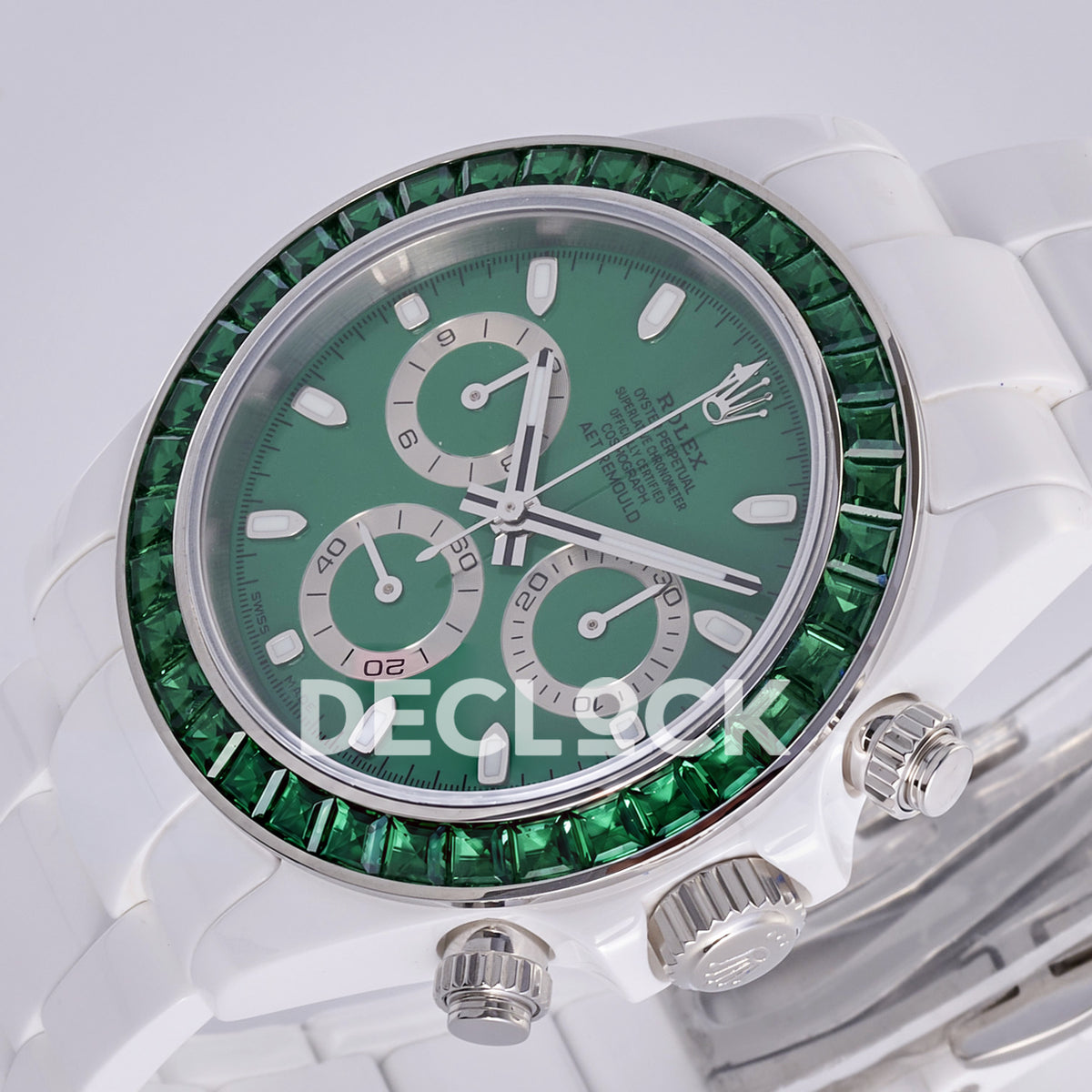 Rolex Daytona AET ADGF replica - original green AET Remould dial, silver chronograph rings, green gem bezel and white ceramic case