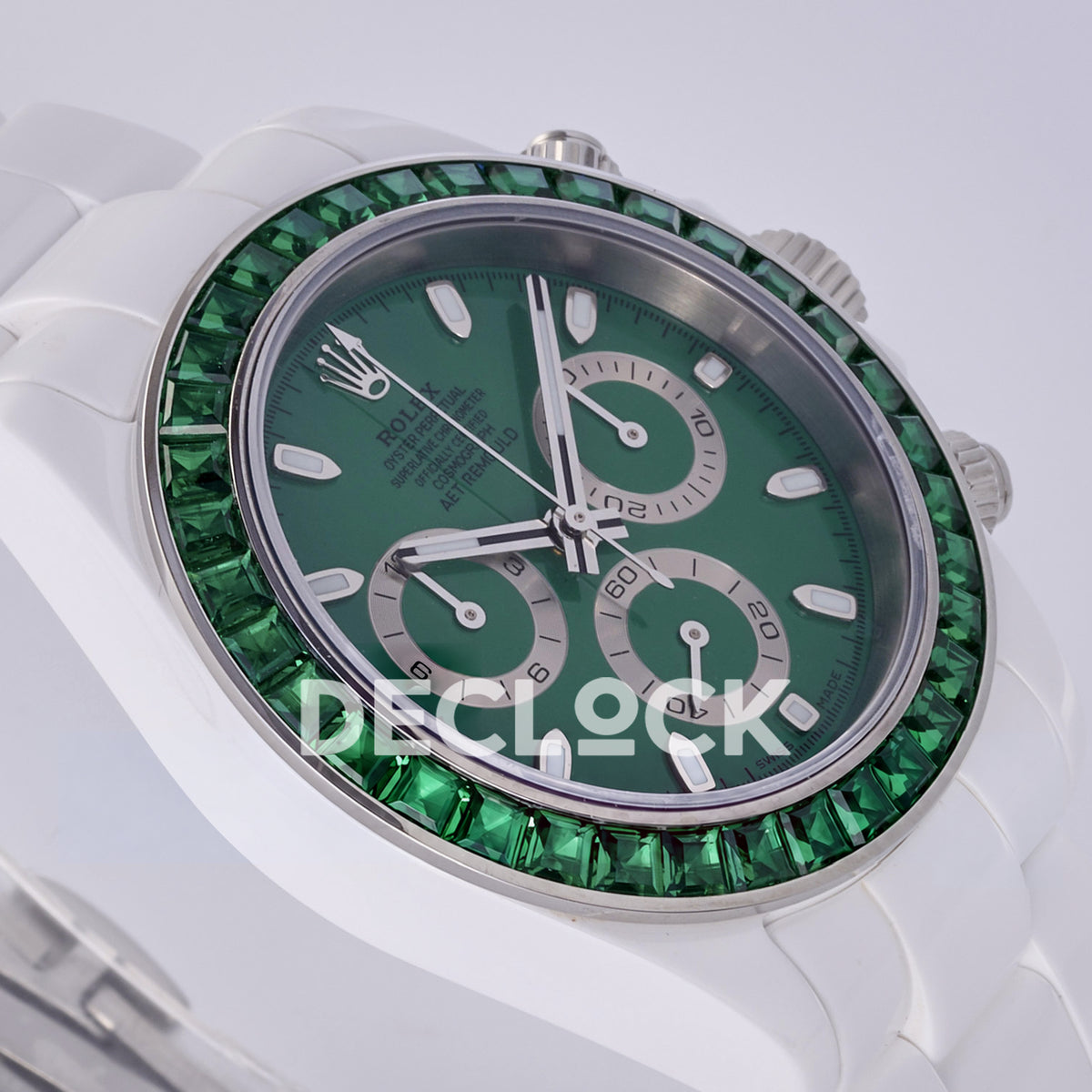 Rolex Daytona AET ADGF replica - original green AET Remould dial, silver chronograph rings, green gem bezel and white ceramic case