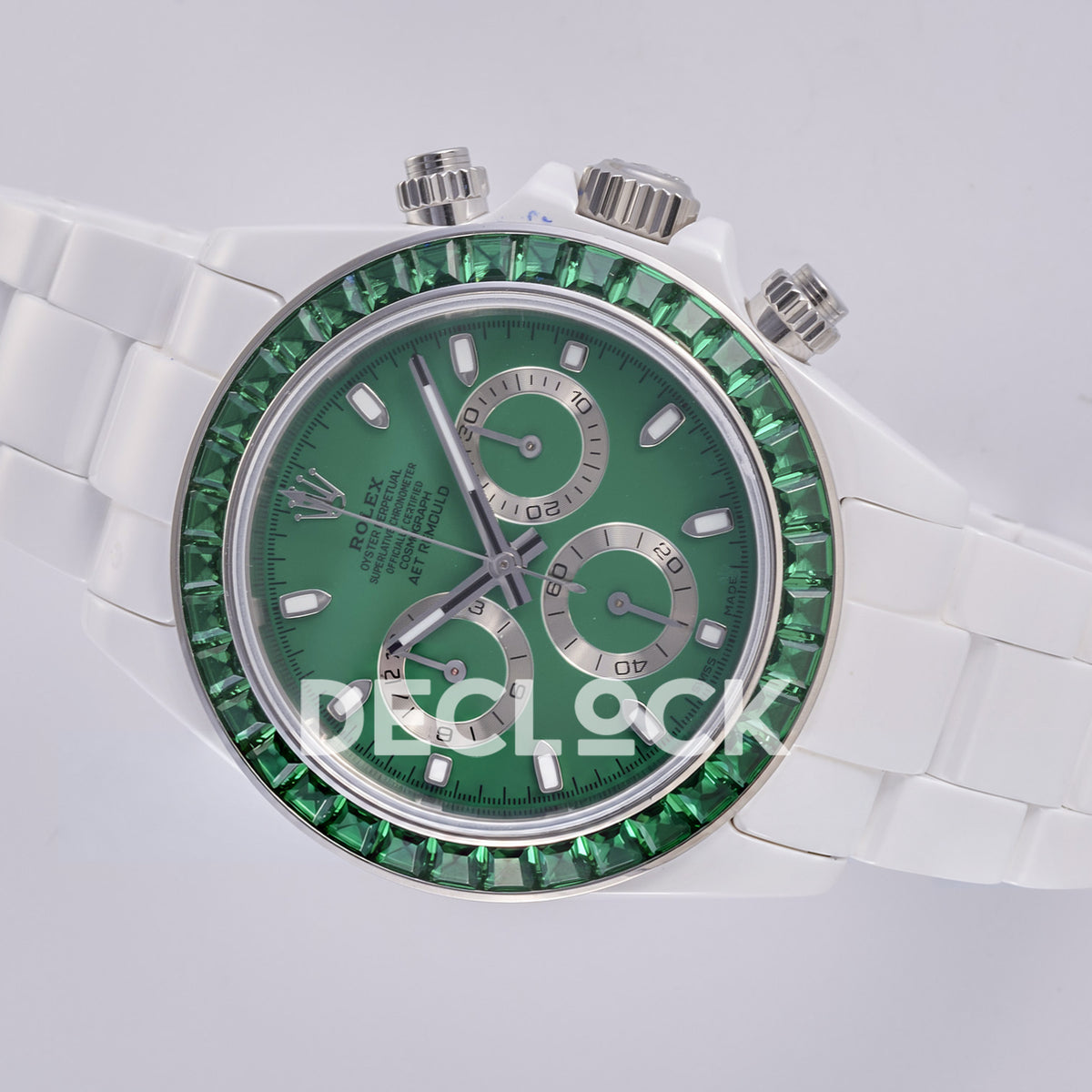 Rolex Daytona AET ADGF replica - original green AET Remould dial, silver chronograph rings, green gem bezel and white ceramic case