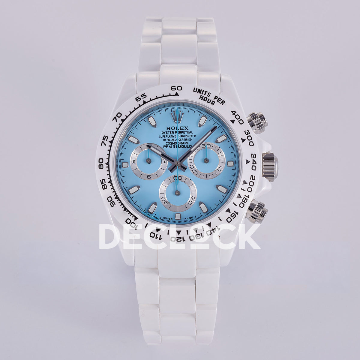 Rolex Daytona ADGF replica - front view of light blue dial, silver counter rings, PPM REMOULD wording, white tachymeter bezel and white ceramic bracelet