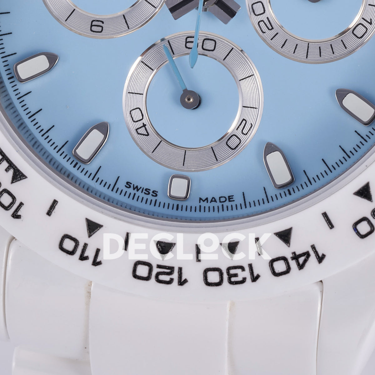 Rolex Daytona ADGF replica - original Swiss Made printing, blue running-seconds hand, silver counter ring and white tachymeter bezel detail