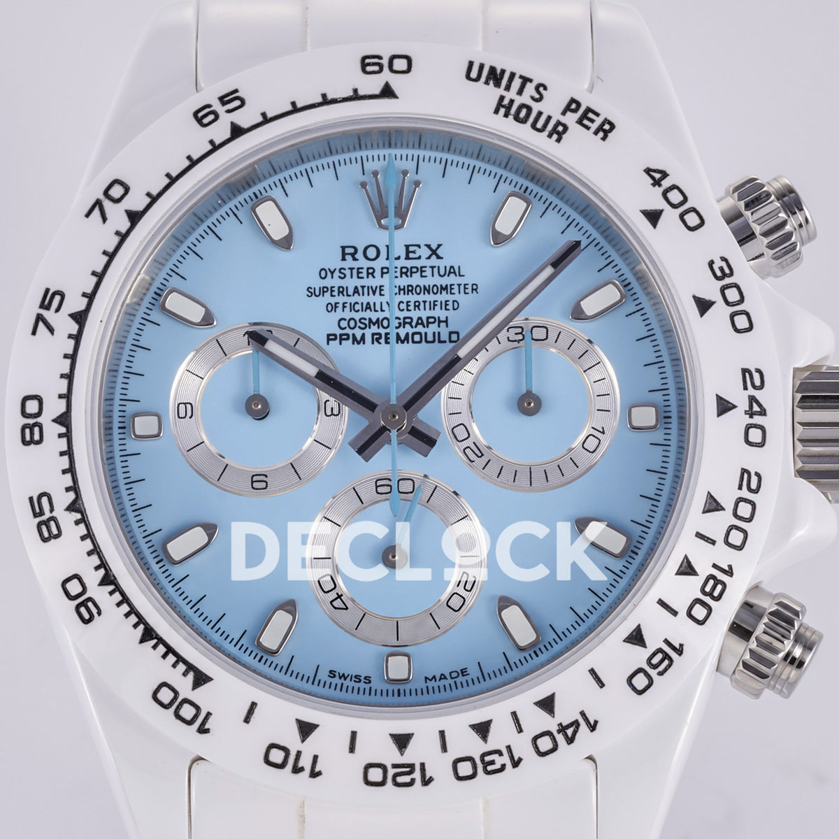 Rolex Daytona ADGF replica - original light blue AET Remould dial, silver chronograph rings with thin black tracks, silver hands and hour markers, white tachymeter bezel with black numerals and white ceramic case