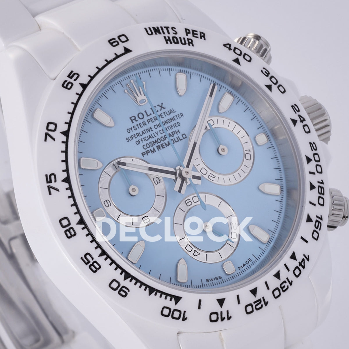 Rolex Daytona ADGF replica - original light blue AET Remould dial, silver chronograph rings with thin black tracks, silver hands and hour markers, white tachymeter bezel with black numerals and white ceramic case