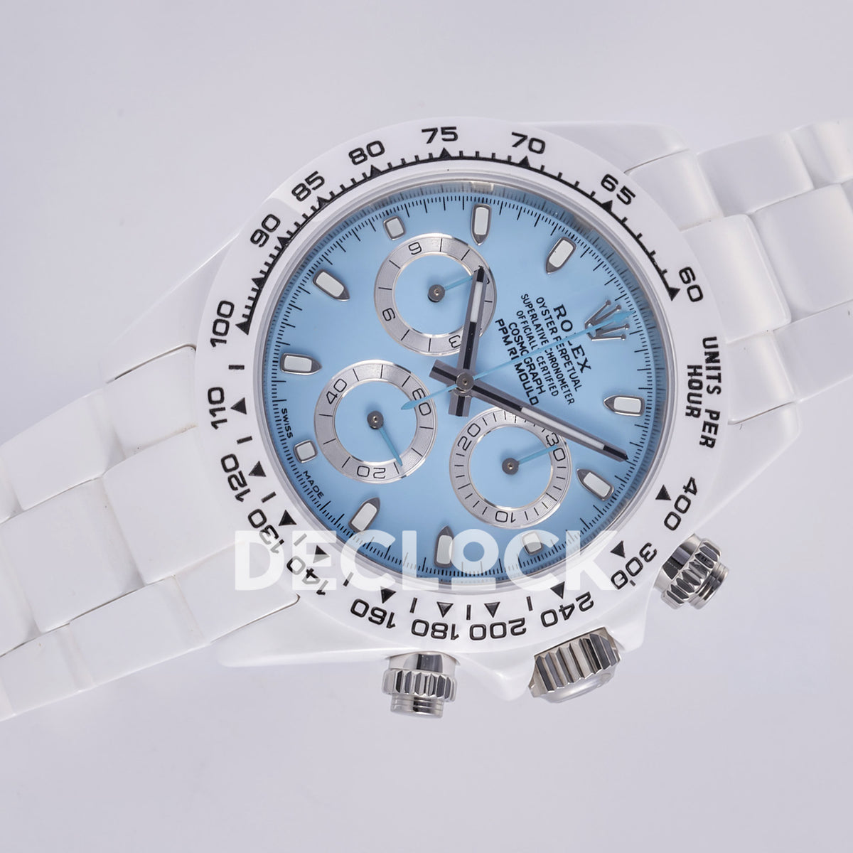 Rolex Daytona ADGF replica - original light blue AET Remould dial, silver chronograph rings with thin black tracks, silver hands and hour markers, white tachymeter bezel with black numerals and white ceramic case