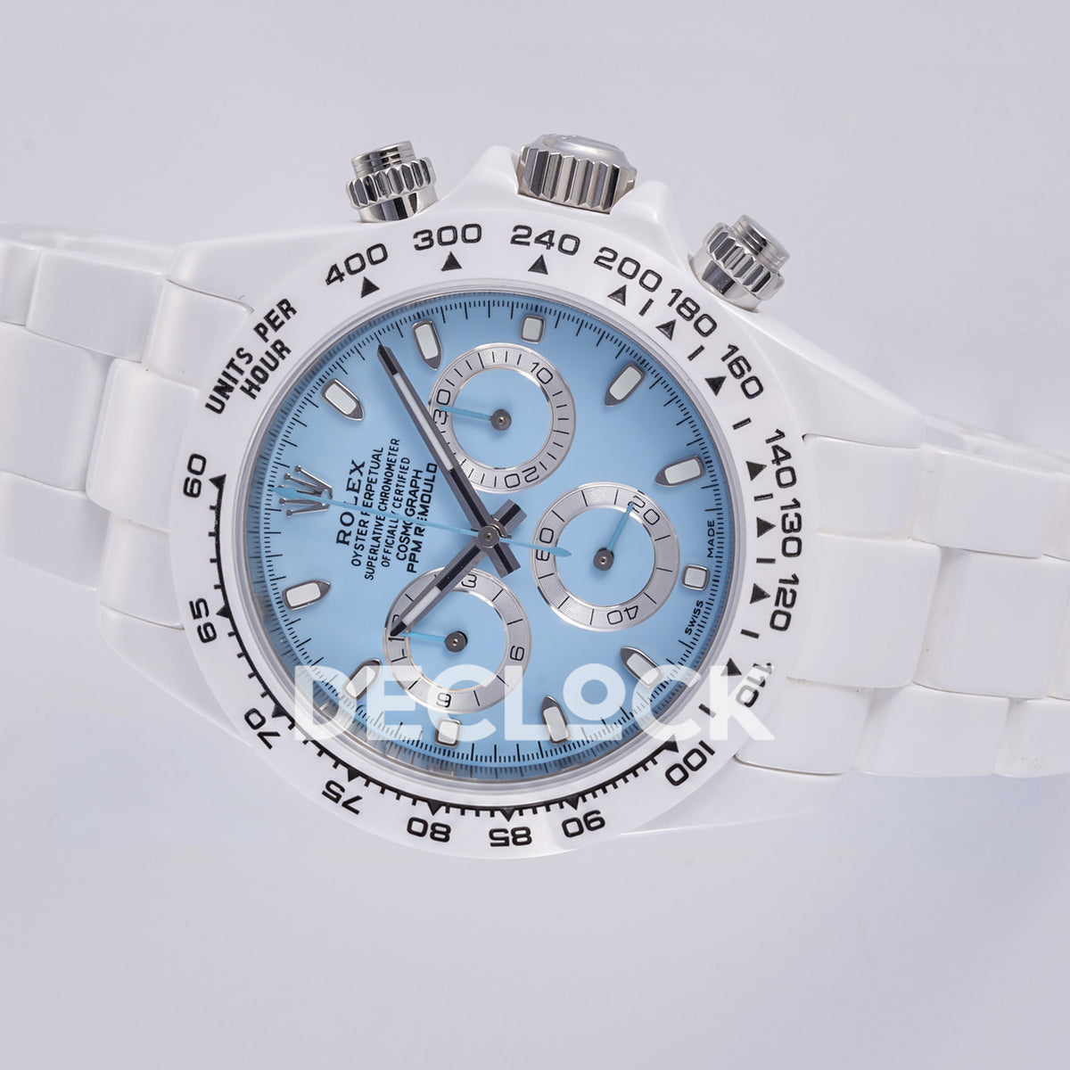 Rolex Daytona ADGF replica - original light blue AET Remould dial, silver chronograph rings with thin black tracks, silver hands and hour markers, white tachymeter bezel with black numerals and white ceramic case