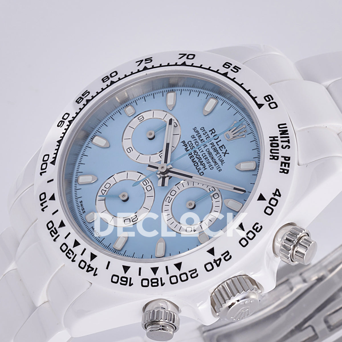 Rolex Daytona ADGF replica - original light blue AET Remould dial, silver chronograph rings with thin black tracks, silver hands and hour markers, white tachymeter bezel with black numerals and white ceramic case