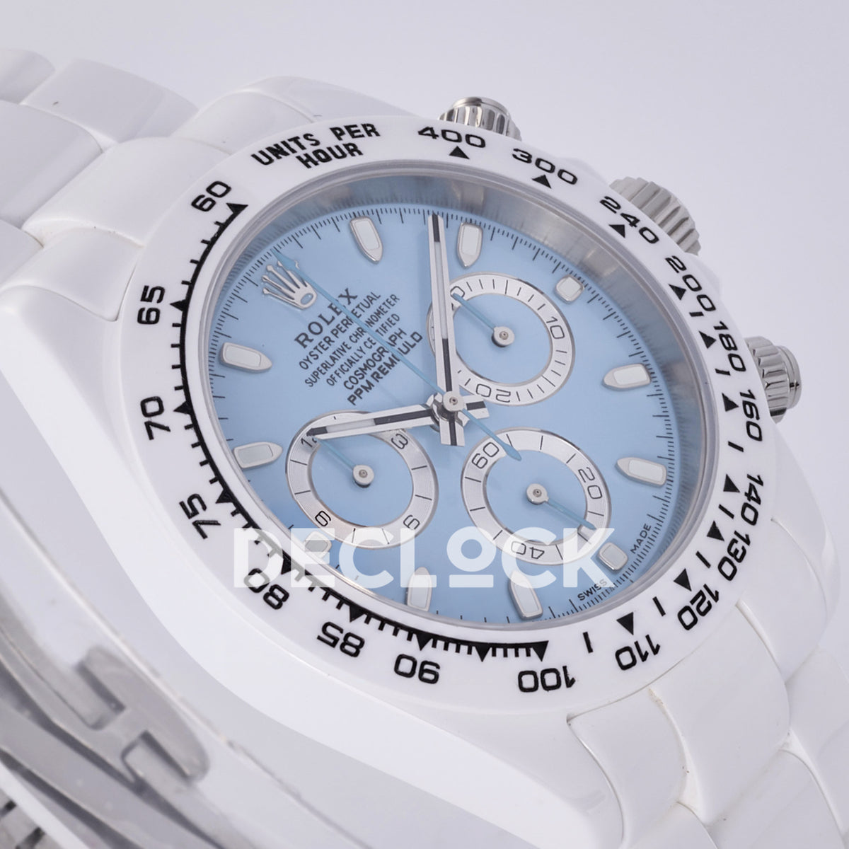 Rolex Daytona ADGF replica - original light blue AET Remould dial, silver chronograph rings with thin black tracks, silver hands and hour markers, white tachymeter bezel with black numerals and white ceramic case
