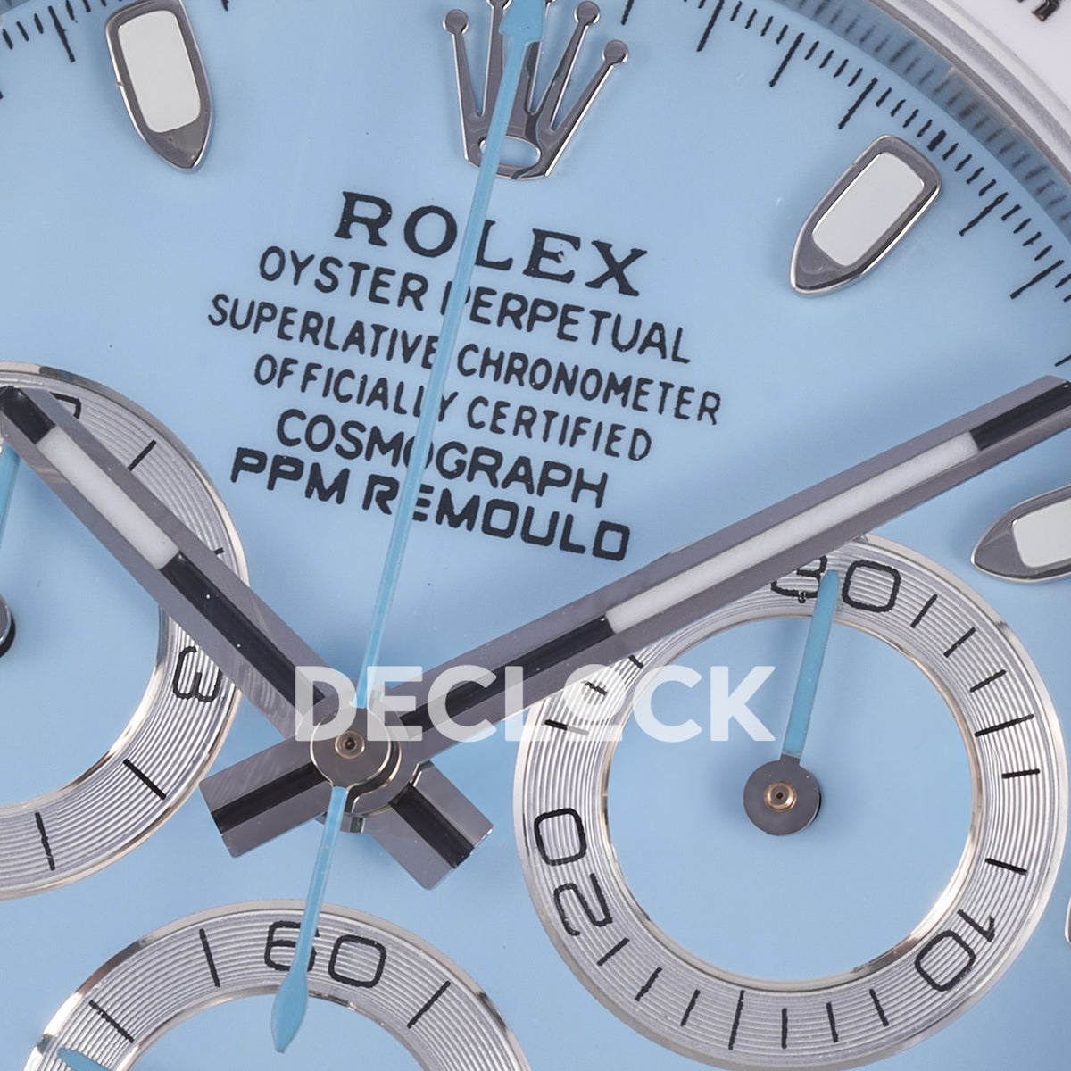 Rolex Daytona ADGF replica - original light blue AET Remould dial, silver chronograph rings with thin black tracks, silver hands and hour markers, white tachymeter bezel with black numerals and white ceramic case