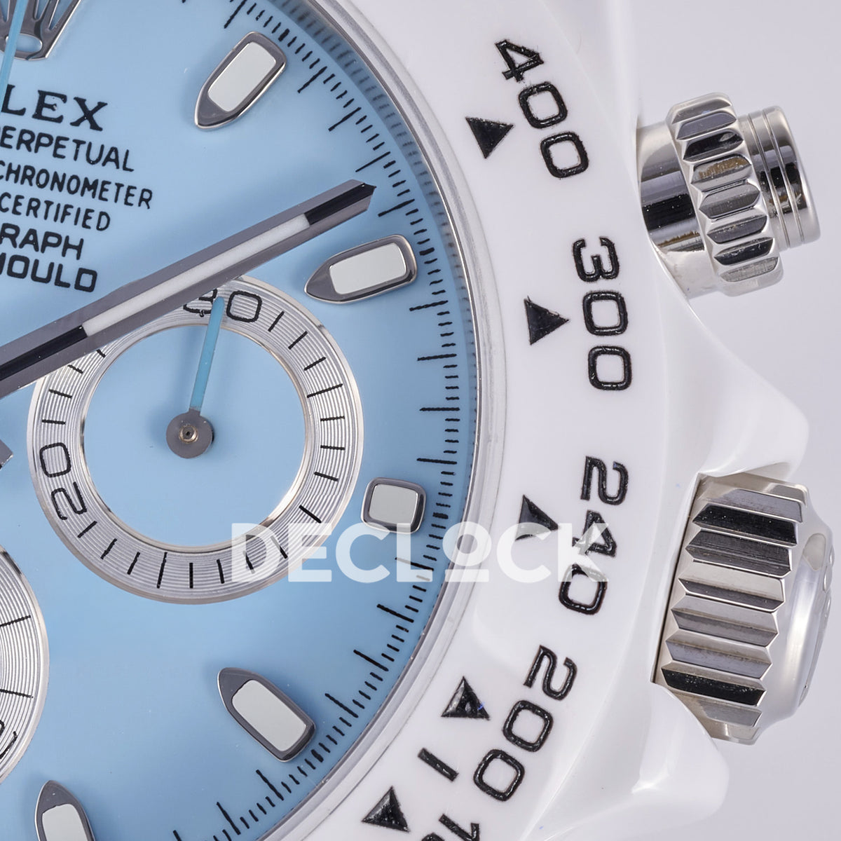 Rolex Daytona ADGF replica - original light blue AET Remould dial, silver chronograph rings with thin black tracks, silver hands and hour markers, white tachymeter bezel with black numerals and white ceramic case