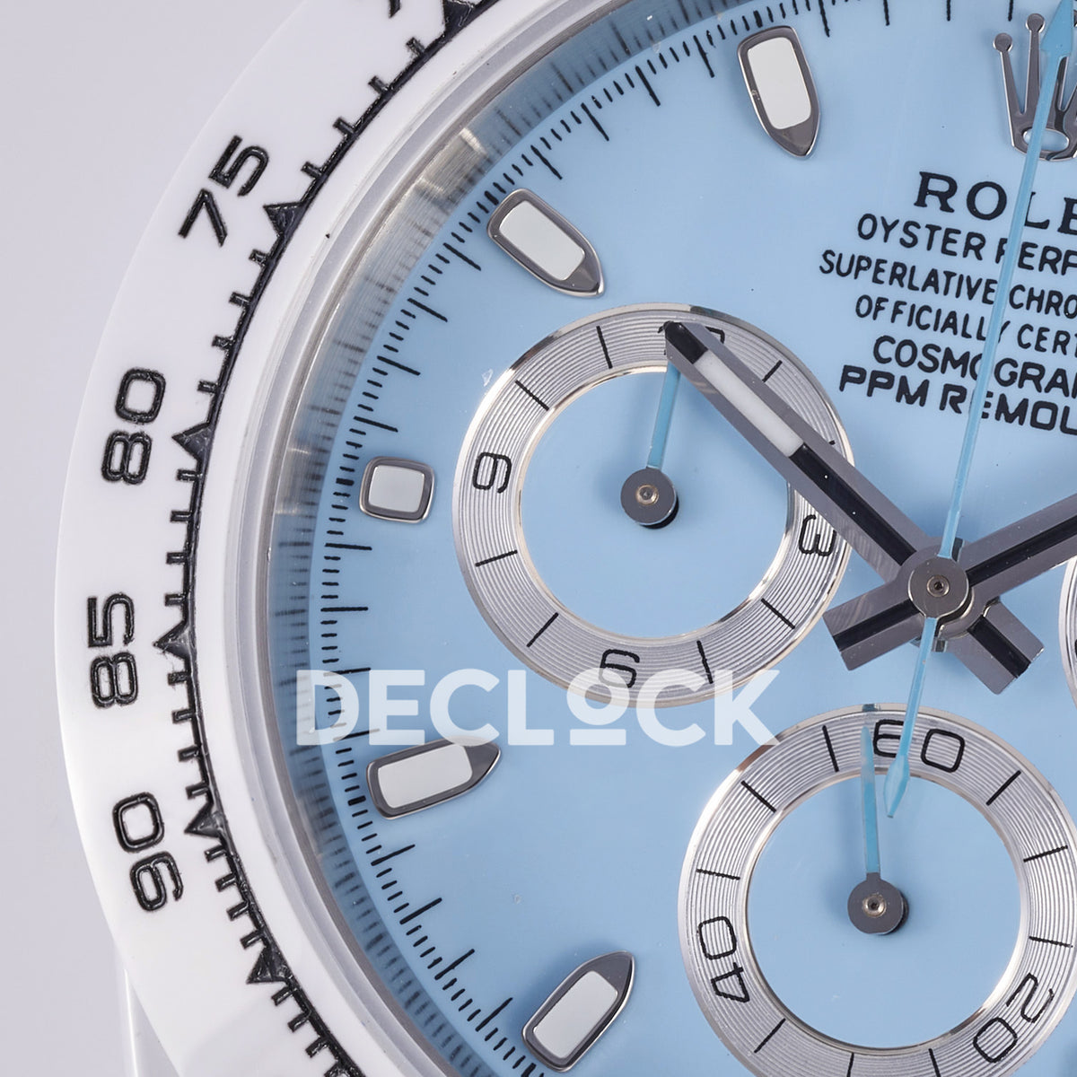 Rolex Daytona ADGF replica - original light blue AET Remould dial, silver chronograph rings with thin black tracks, silver hands and hour markers, white tachymeter bezel with black numerals and white ceramic case