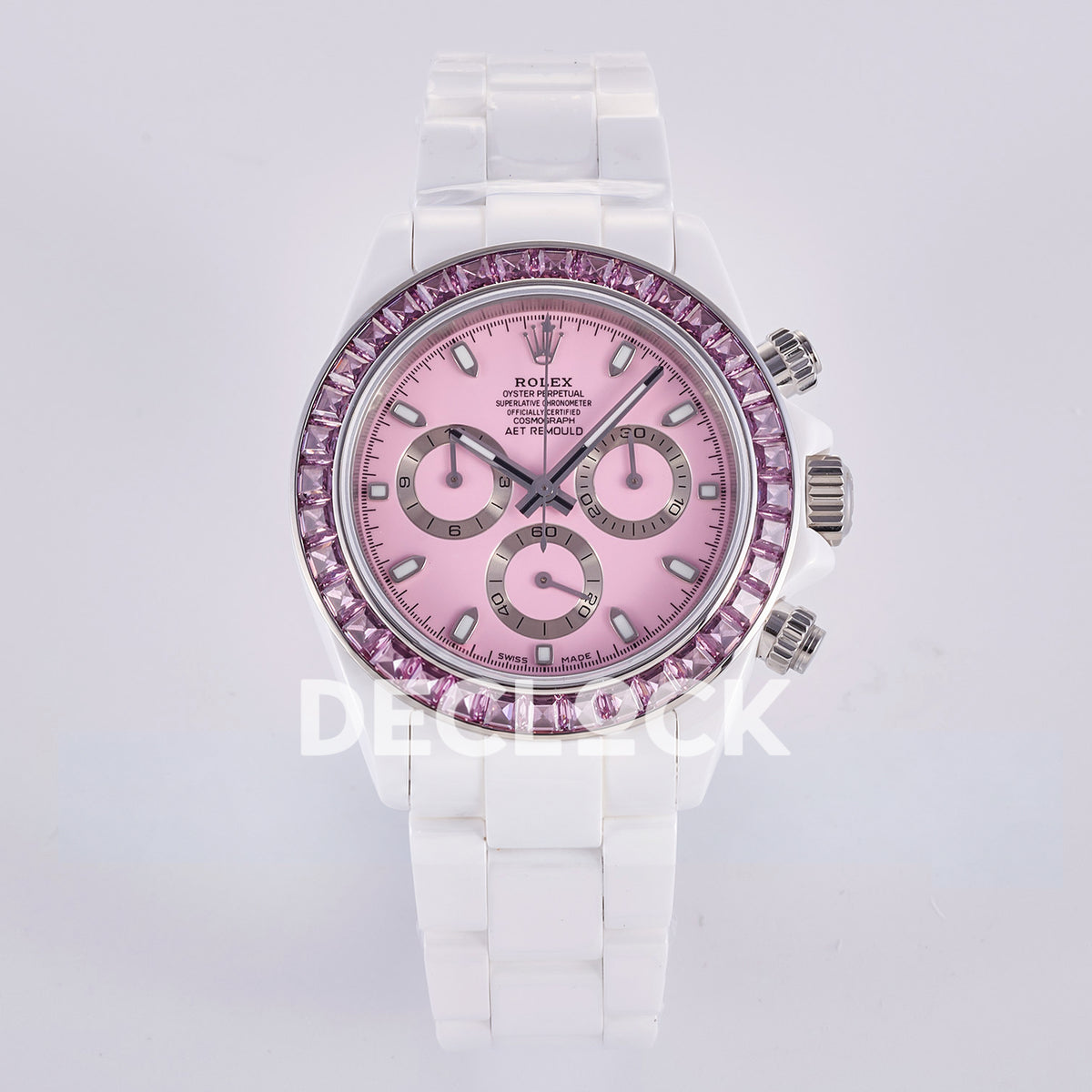 Rolex Daytona ADGF replica - front view of pink dial, silver chronograph rings, pink faceted bezel and white ceramic bracelet